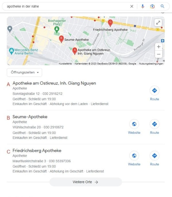 Local SEO für Apotheken Beispiel Apotheke in der Nähe Google Maps