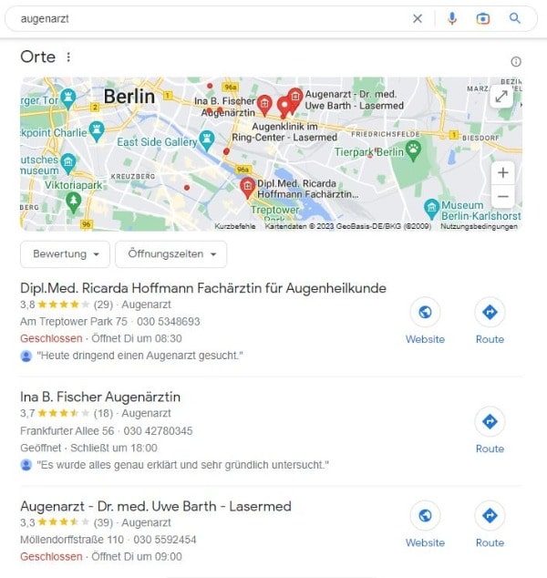 Local SEO für Ärzte Beispiel Augenärzte Google Maps