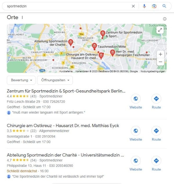 Local SEO für Ärzte Beispiel Sportmediziner Google Maps