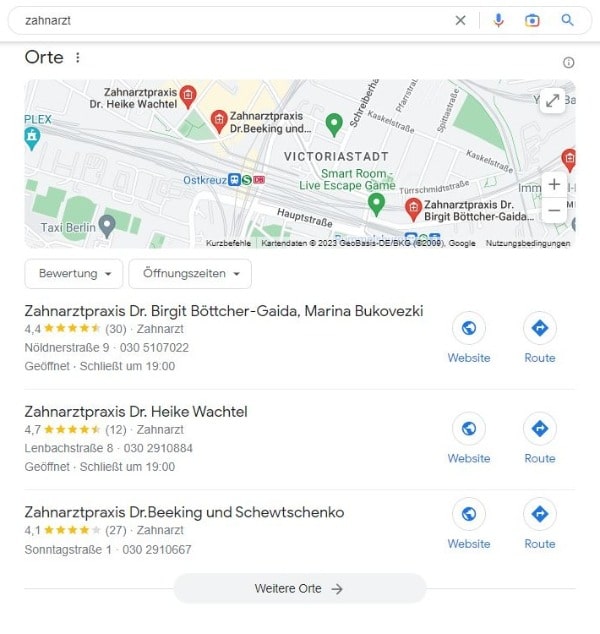 Local SEO für Ärzte Beispiel Zahnarzt Google Maps