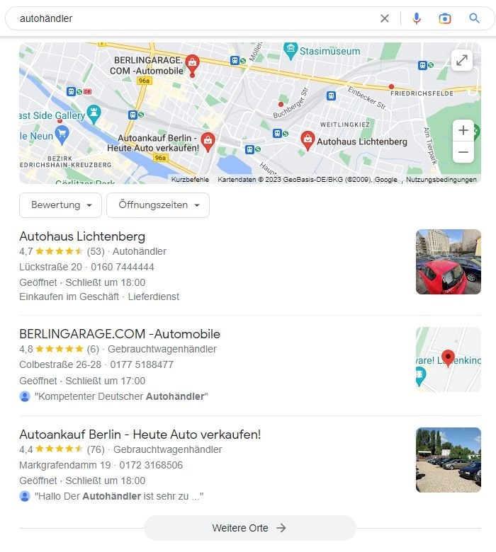 Local SEO für Autohändler Google Maps Screenshot