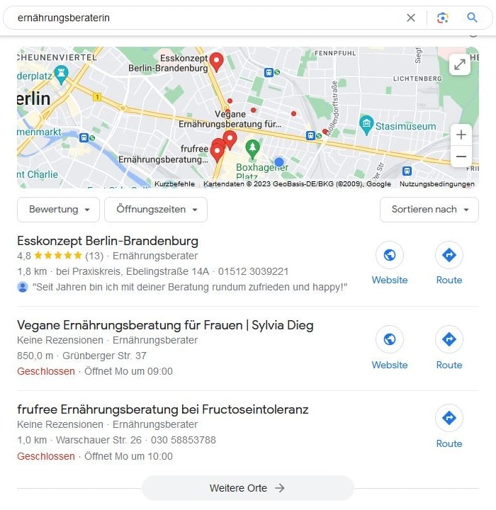 Local SEO für Ernährungsberaterin Google Maps Screenshot