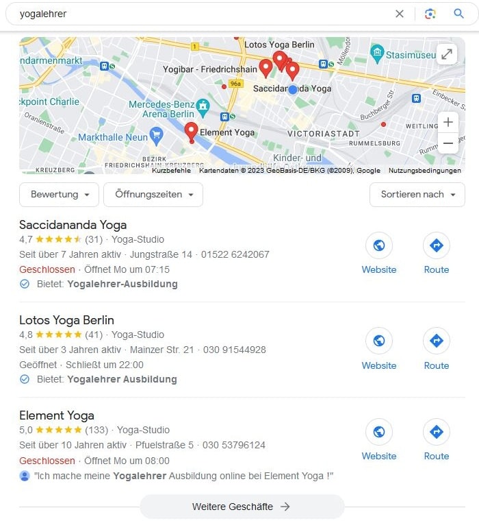 Local SEO für yogalehrer Google Maps Screenshot