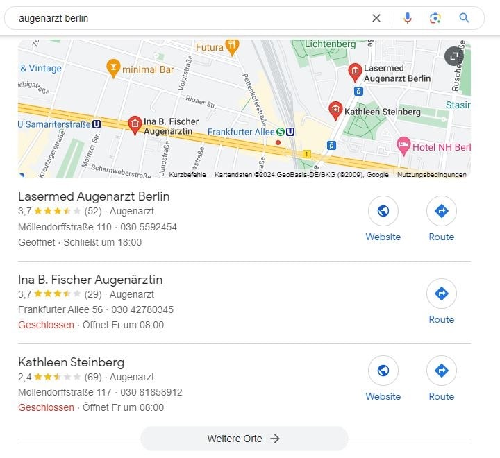 Local SEO für Augenarzt Berlin Google Maps Screenshot