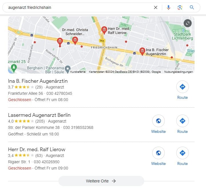 Local SEO für Augenarzt Friedrichshain Google Maps Screenshot