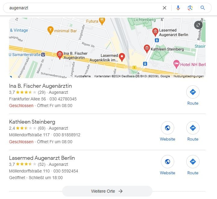 Local SEO für Augenarzt Google Maps Screenshot