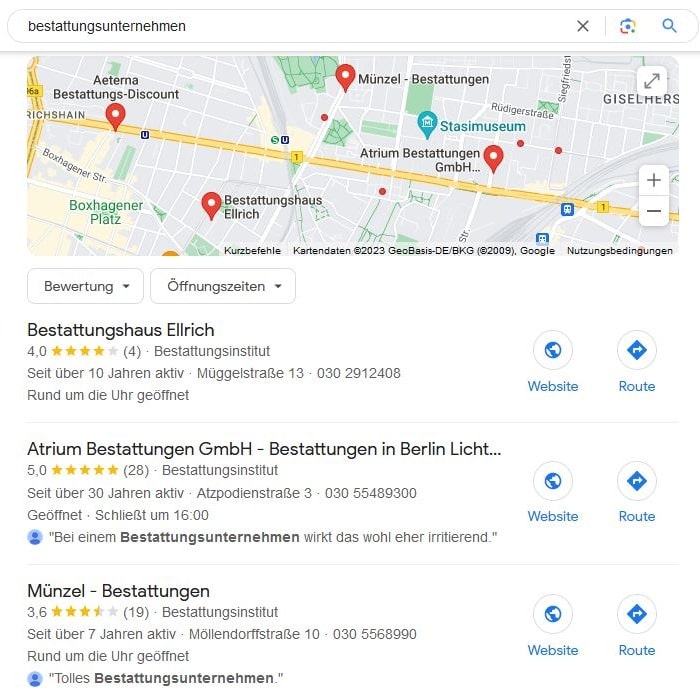 Local SEO für Bestattungsunternehmen Maps Screenshot