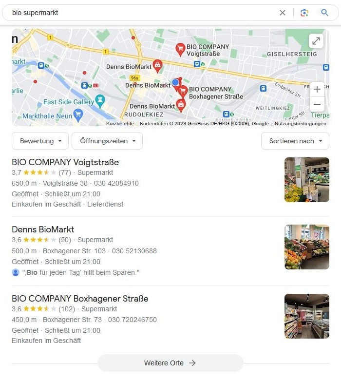 Local SEO für Bio Supermarkt Google Maps Screenshot