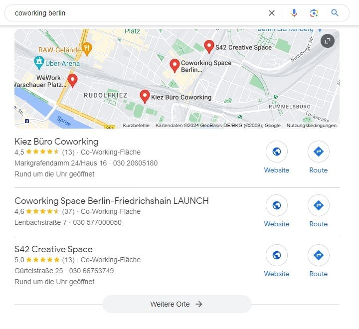 Local SEO für Coworking Berlin Google Maps Screenshot