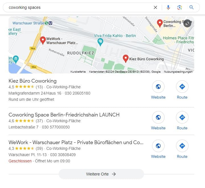 Local SEO für Coworking Spaces Google Maps Screenshot