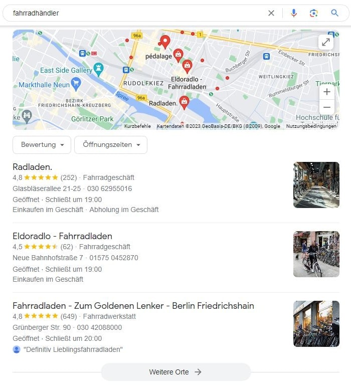 Local SEO für Fahrradhändler Maps Screenshot
