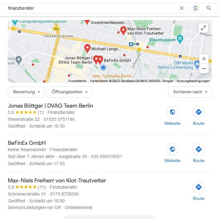 Local SEO für Finanzberater Google Maps Screenshot