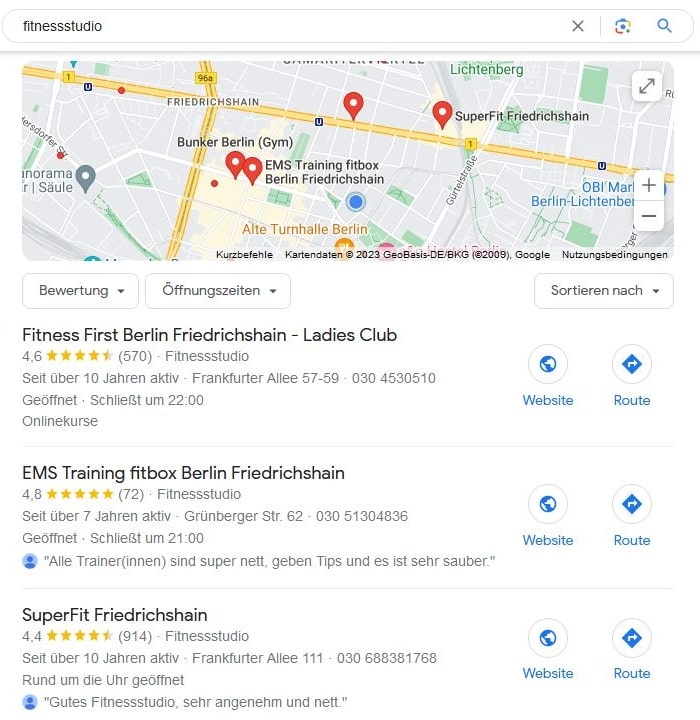 Local SEO für Fitnessstudio Google Maps Screenshot