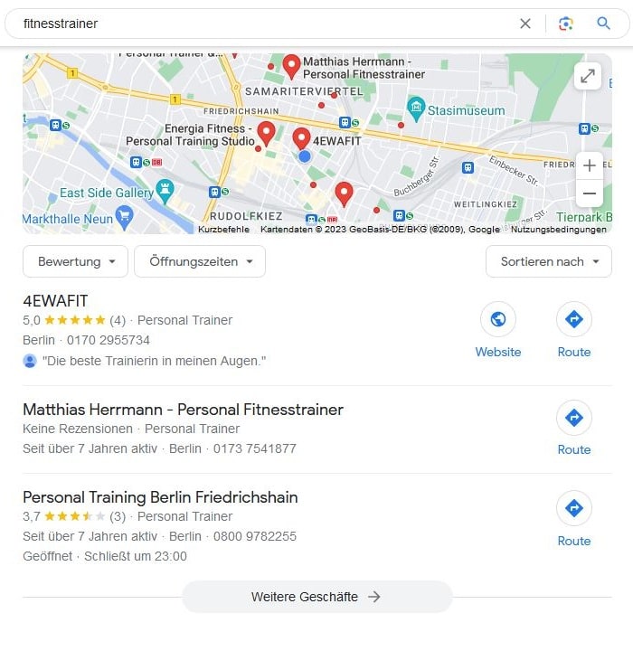 Local SEO für Fitnesstrainer Google Maps Screenshot