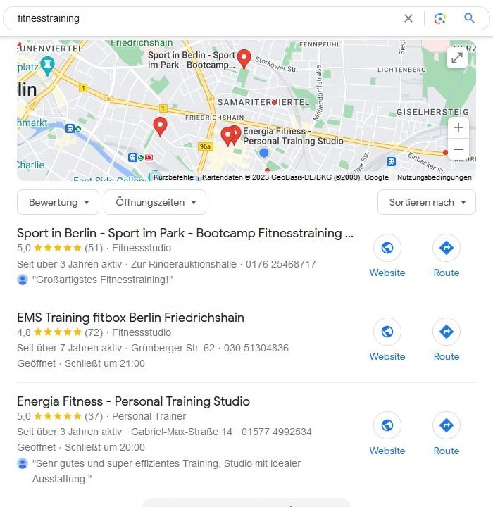 Local SEO für Fitnesstraining Google Maps Screenshot