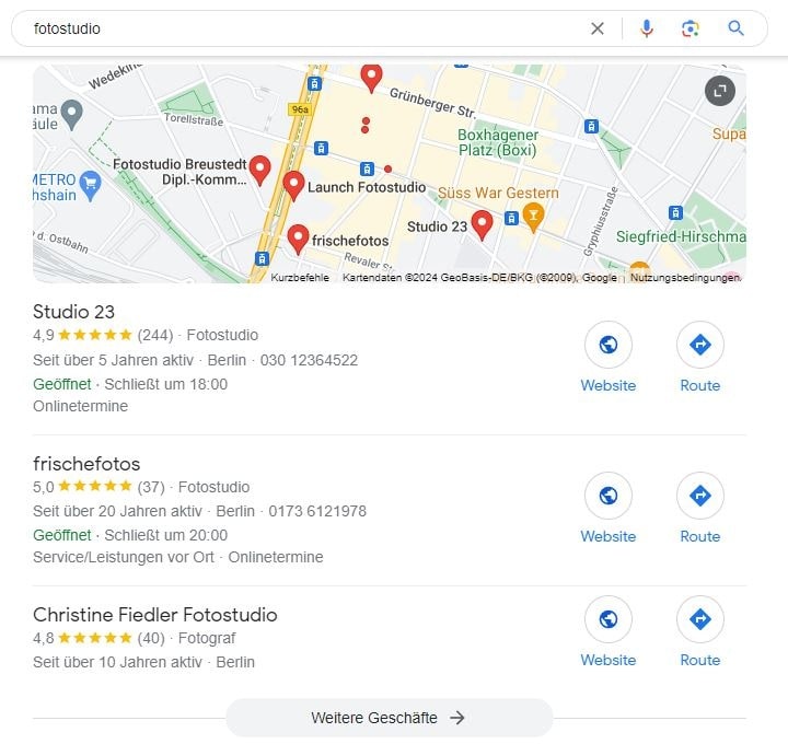 Local SEO für Fotostudio Berlin Google Maps Screenshot