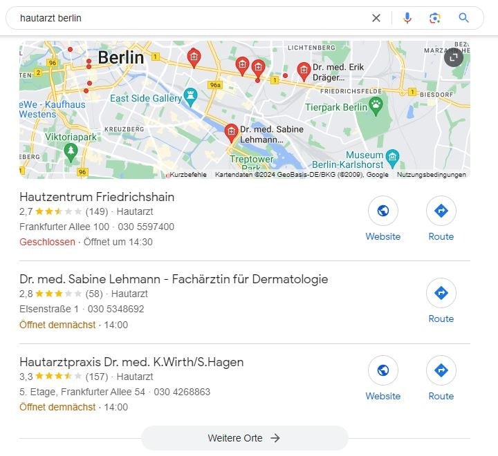 Local SEO für Hautarzt Berlin Google Maps Screenshot