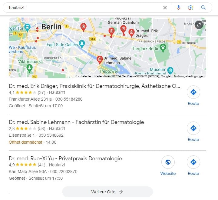 Local SEO für Hautarzt Google Maps Screenshot