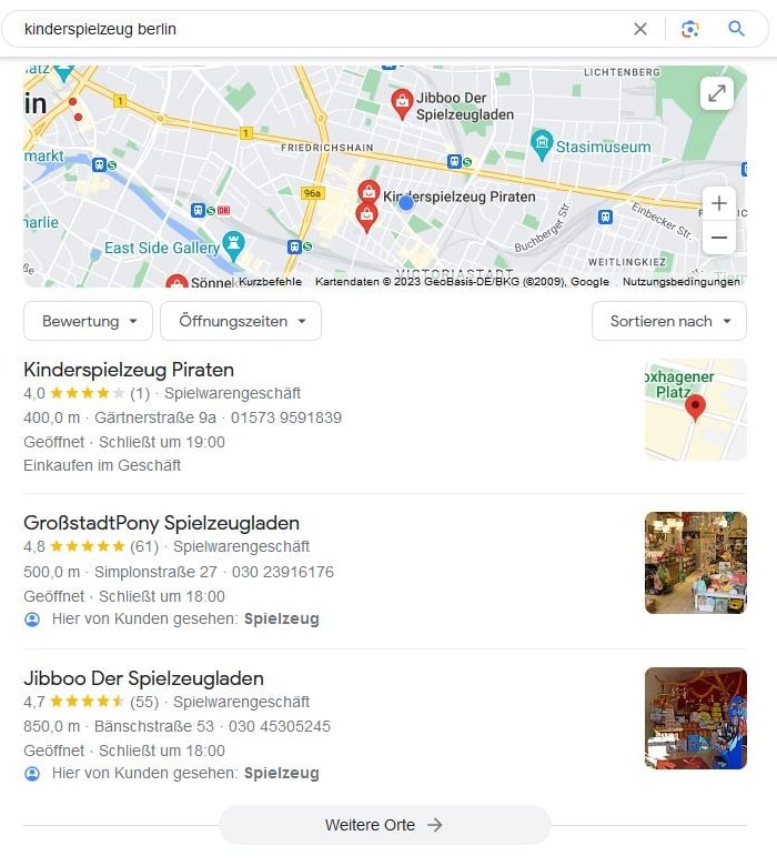 Local SEO für Kinderspielzeug Berlin Google Maps Screenshot