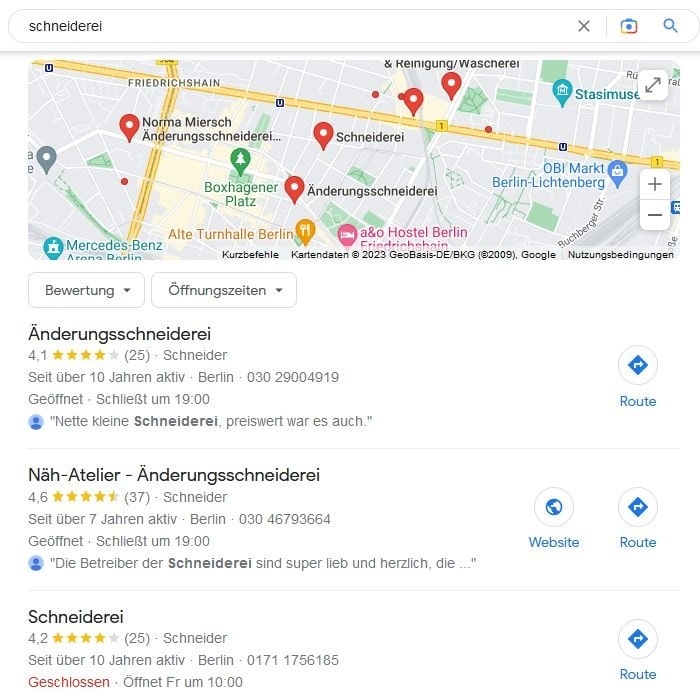 Local SEO für Schneiderei Google Maps Screenshot