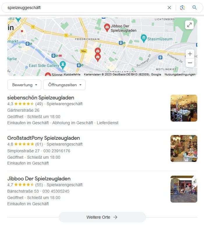 Local SEO für Spielzeuggeschäft Google Maps Screenshot