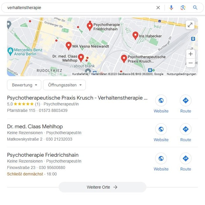 Local SEO für Verhaltenstherapie Maps Screenshot