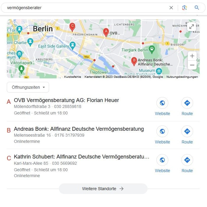 Local SEO für Vermögensberater Google Maps Screenshot