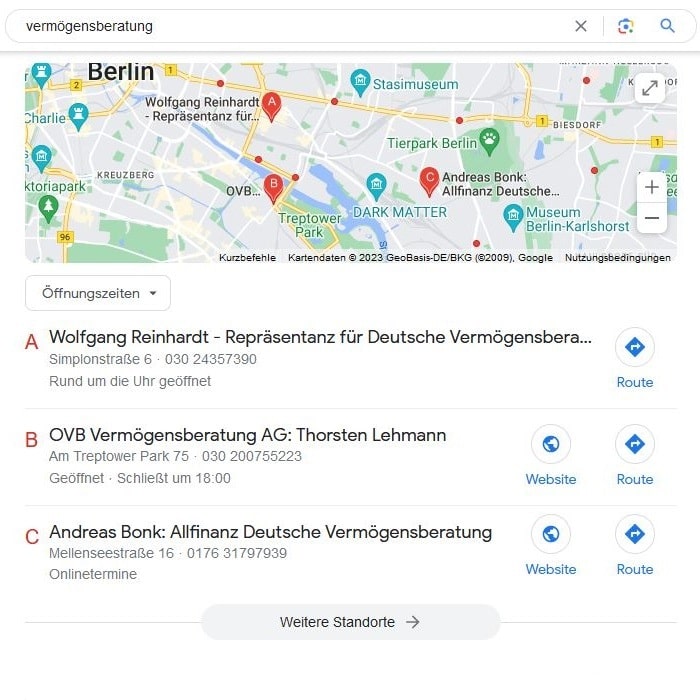 Local SEO für Vermögensberatung Google Maps Screenshot