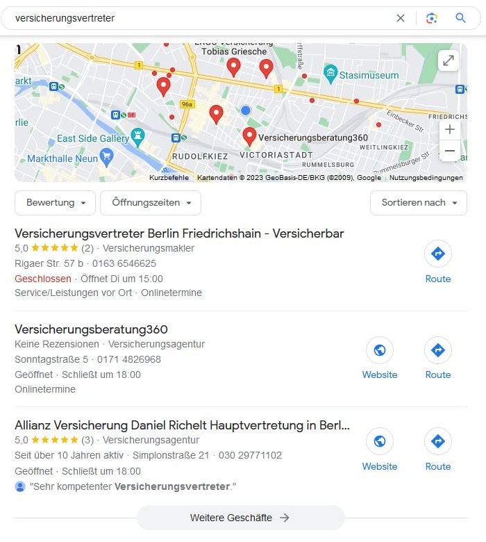 Local SEO für Versicherungsvertreter Google Maps Screenshot