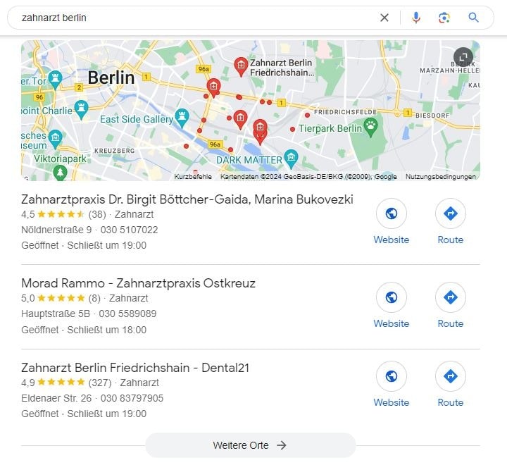 Local SEO für Zahnarzt Berlin Google Maps Screenshot