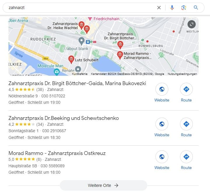 Local SEO für Zahnarzt Google Maps Screenshot