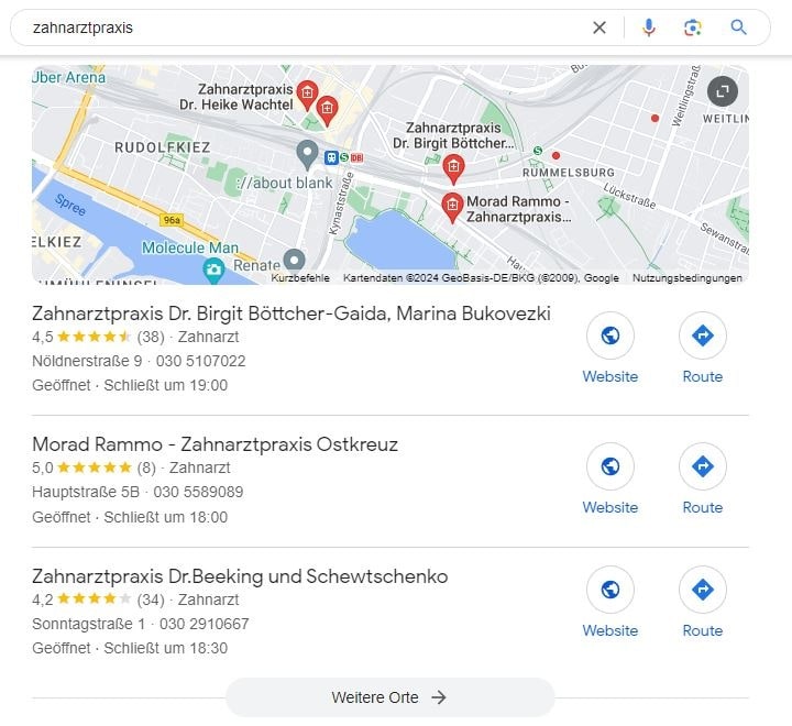 Local SEO für Zahnarztpraxis Google Maps Screenshot