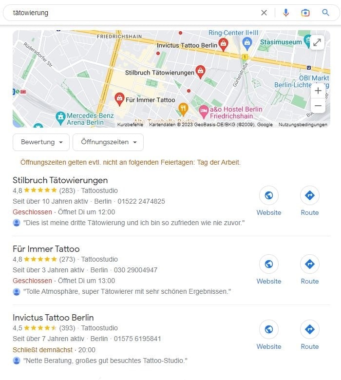 Local SEO Tätowierer Google Maps Beispiel Tätowierung